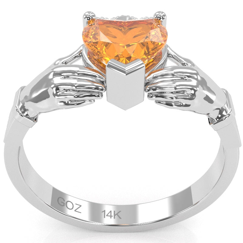 Claddagh Citrine Ring In Solid 14k White Gold