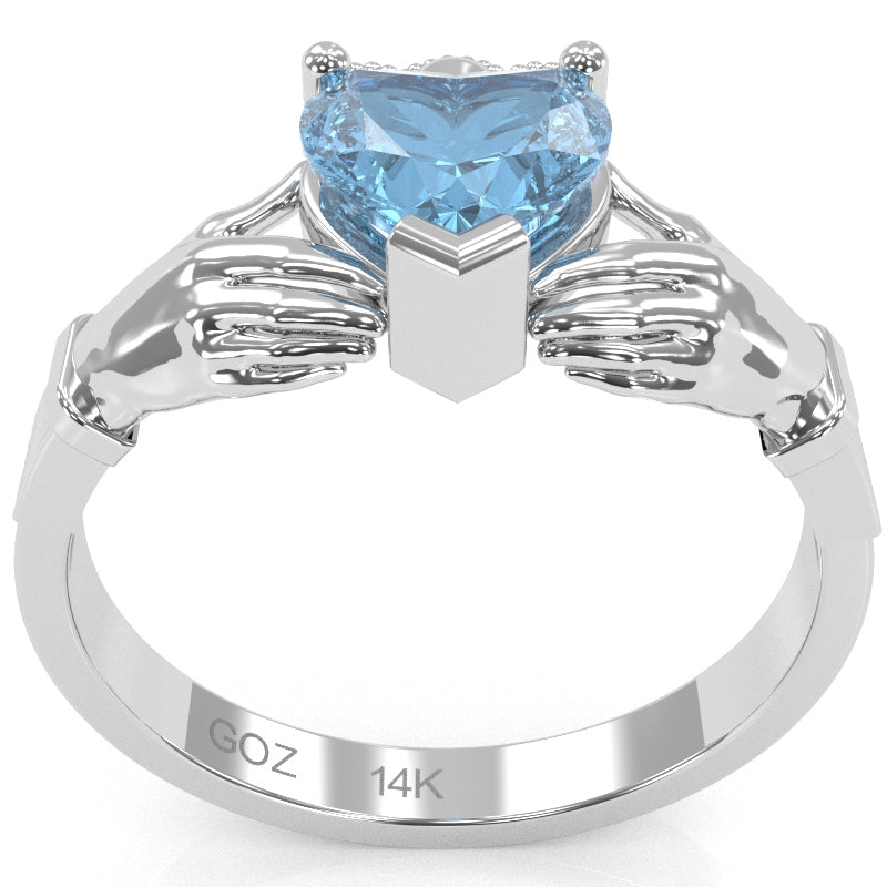 Claddagh Blue Topaz Ring In Solid 14k White Gold