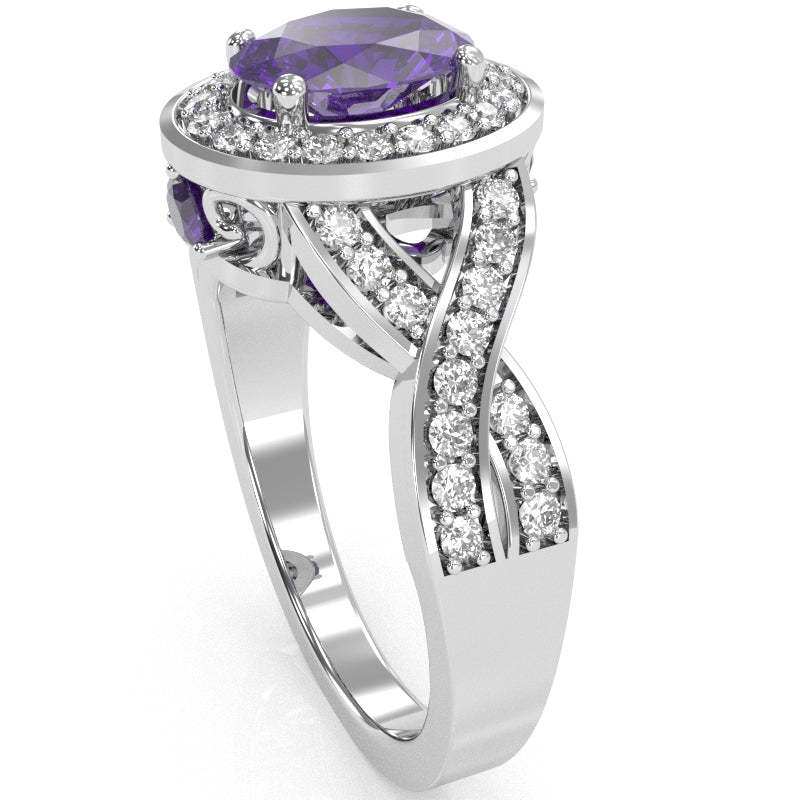 Three Stone Amethyst Diamond Peekaboo Halo Engagement Ring In 14k White Gold