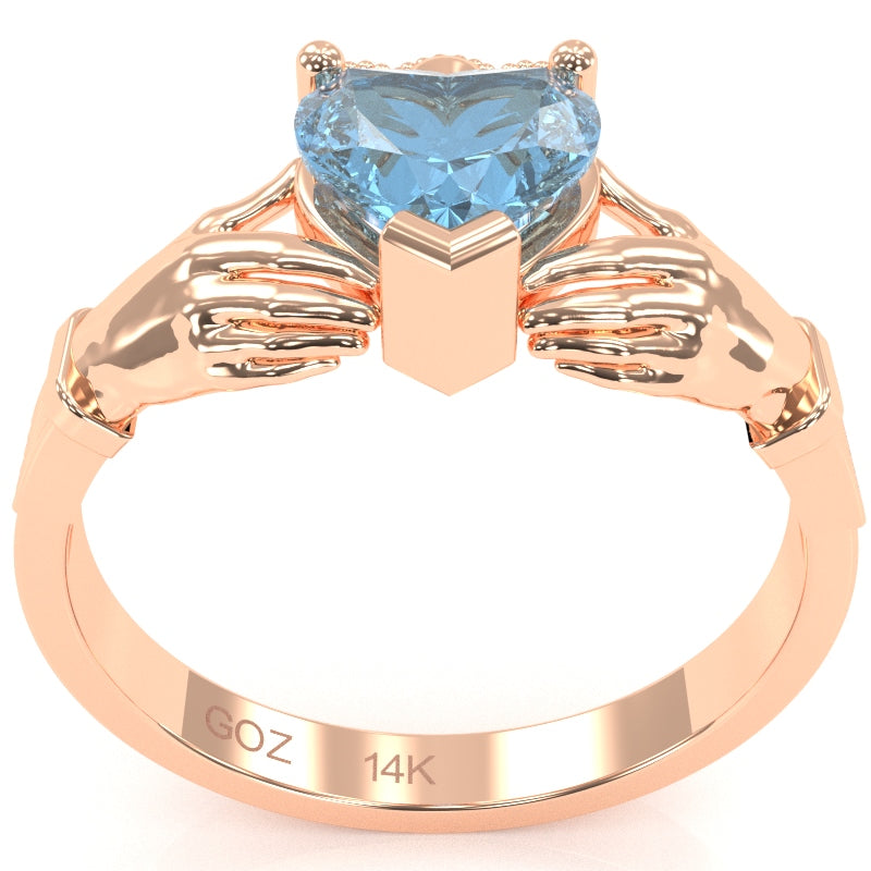 Claddagh Blue Topaz Ring In Solid 14k Rose Gold