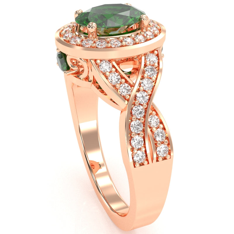 Three Stone Lab-Created Emerald Diamond Peekaboo Halo Engagement Ring In 14k Rose Gold