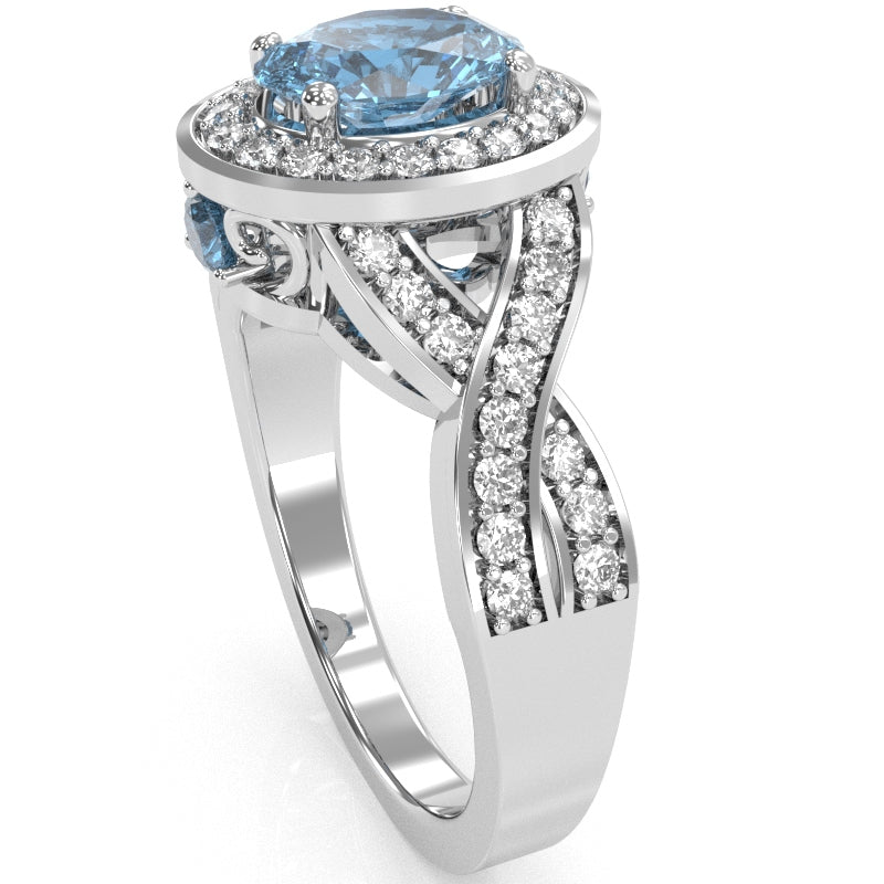 Three Stone Blue Topaz Diamond Peekaboo Halo Engagement Ring In 14k White Gold