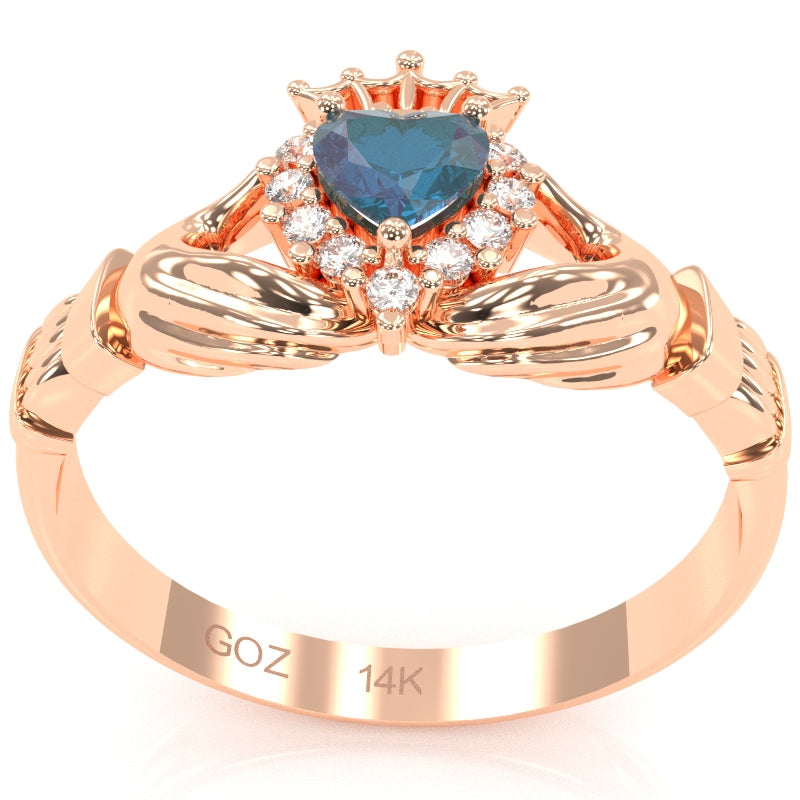 Claddagh Lab-Created Alexandrite Diamond Ring In Solid 14k Rose Gold
