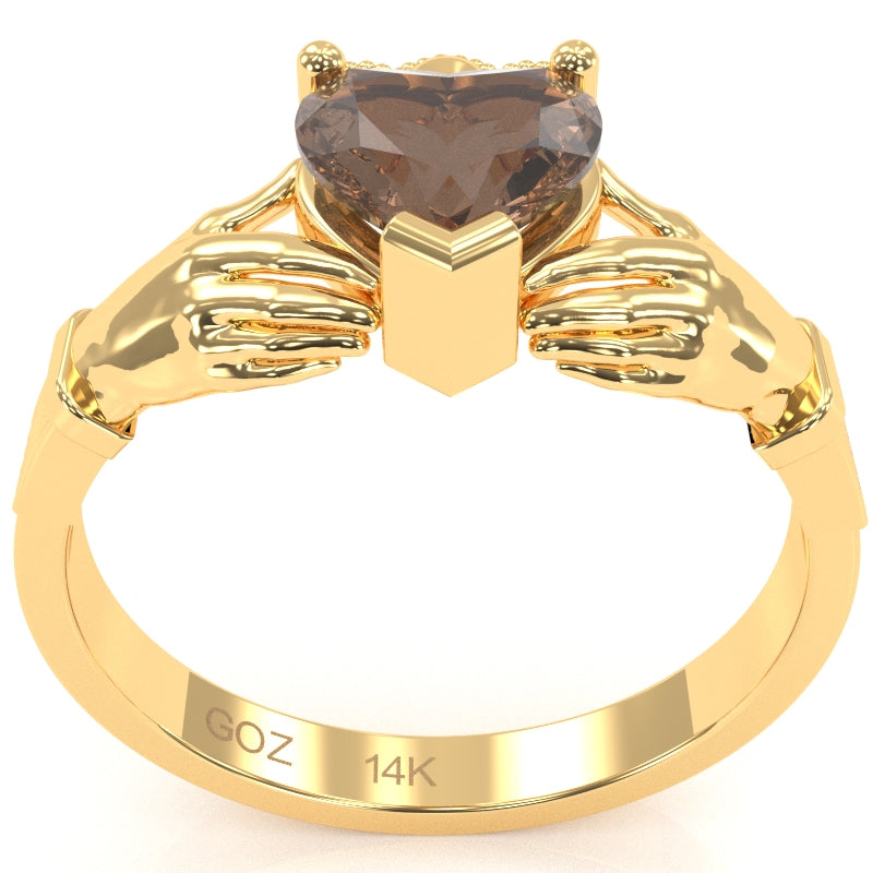 Claddagh Smoky Quartz Ring In Solid 14k Yellow Gold