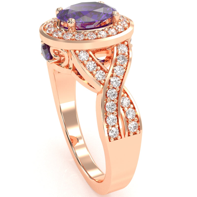 Three Stone Amethyst Diamond Peekaboo Halo Engagement Ring In 14k Rose Gold