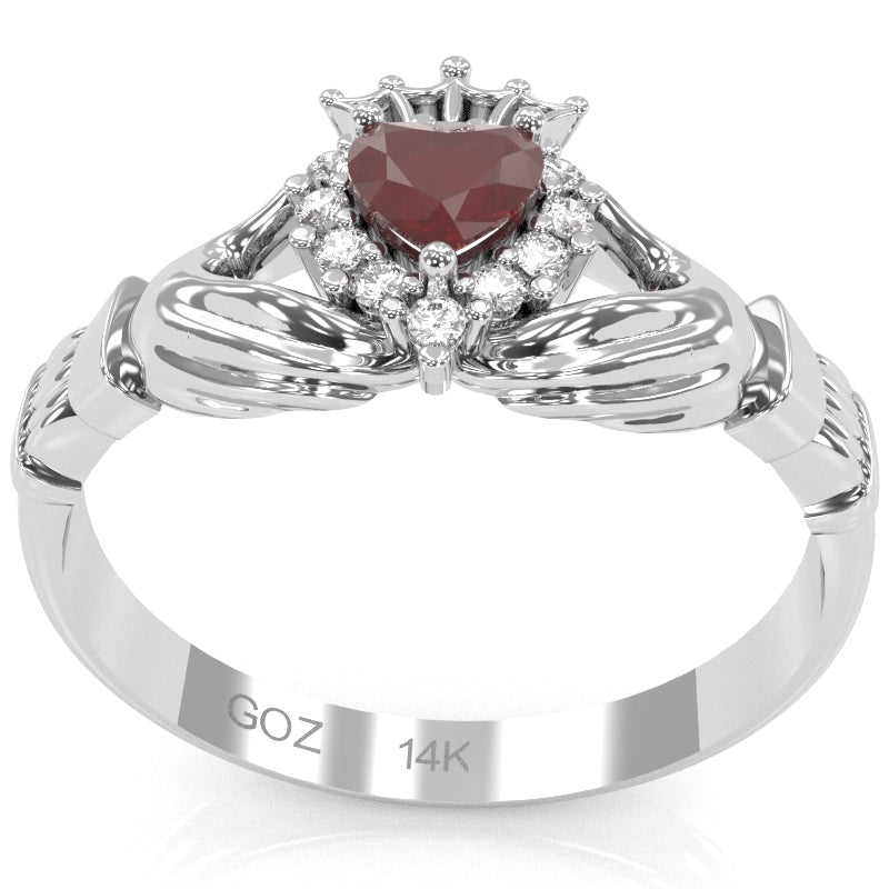 Claddagh Ruby Diamond Ring In Solid 14k White Gold