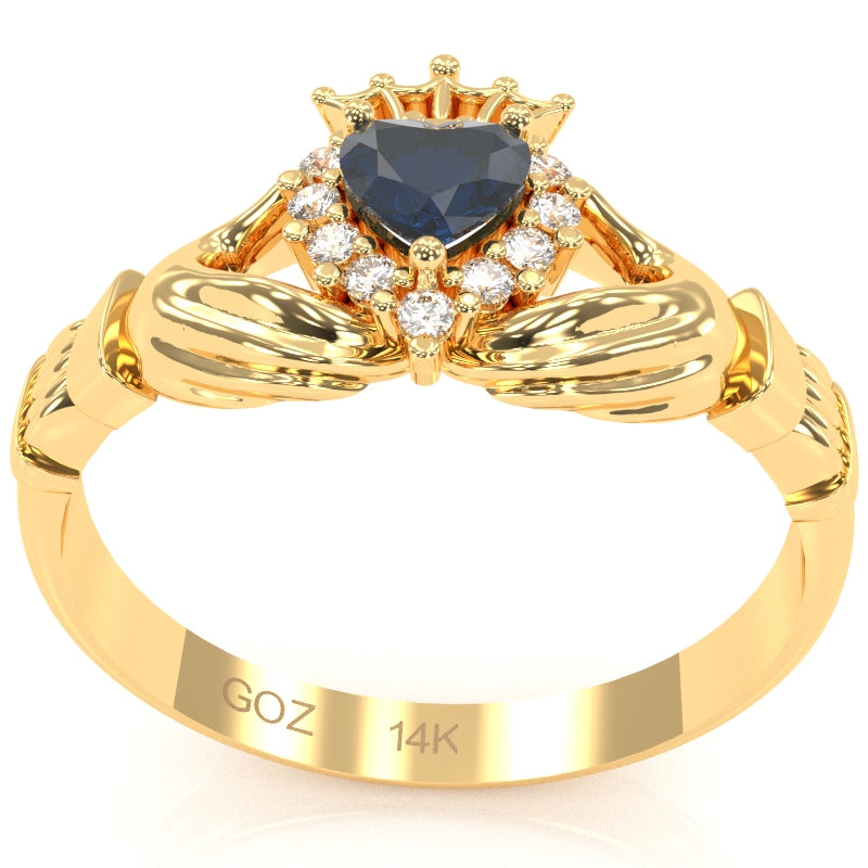 Claddagh Sapphire Diamond Ring In Solid 14k Yellow Gold