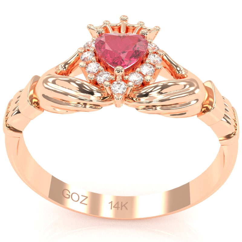 Claddagh Pink Tourmaline Diamond Ring In Solid 14k Rose Gold