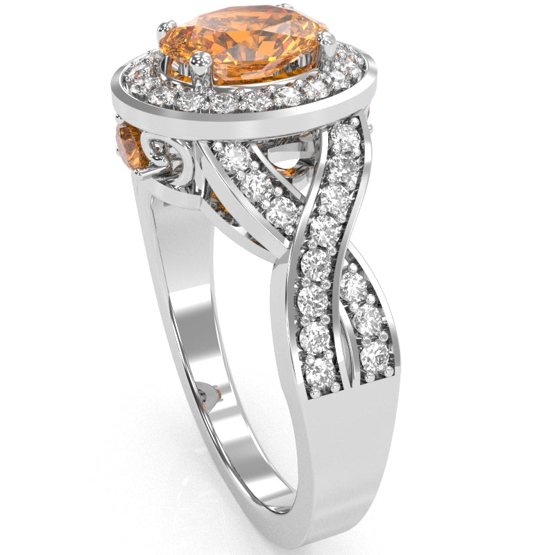 Three Stone Citrine Diamond Peekaboo Halo Engagement Ring In 14k White Gold