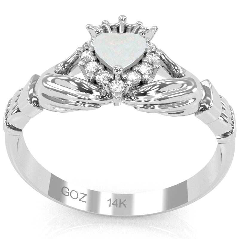 Claddagh Opal Diamond Ring In Solid 14k White Gold