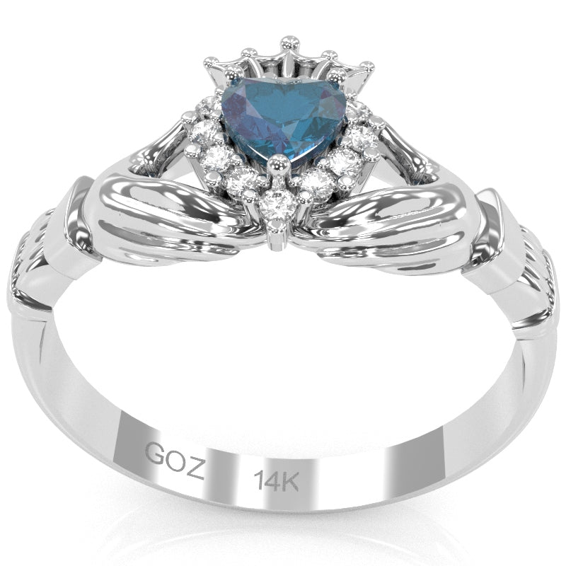 Claddagh Lab-Created Alexandrite Diamond Ring In Solid 14k White Gold