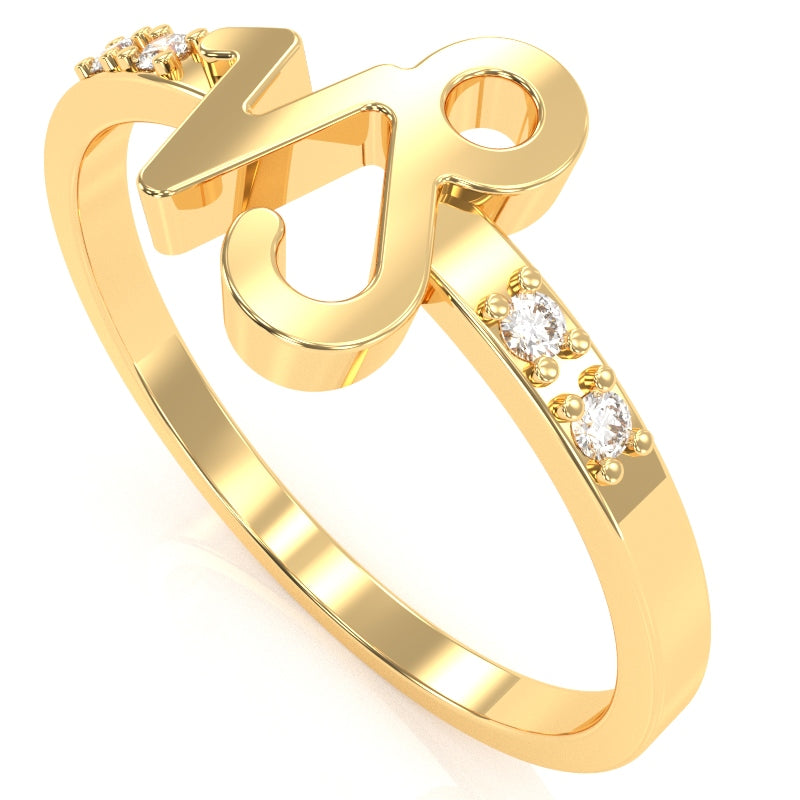 Capricorn Zodiac Sign Diamond Ring In Solid 14k Yellow Gold