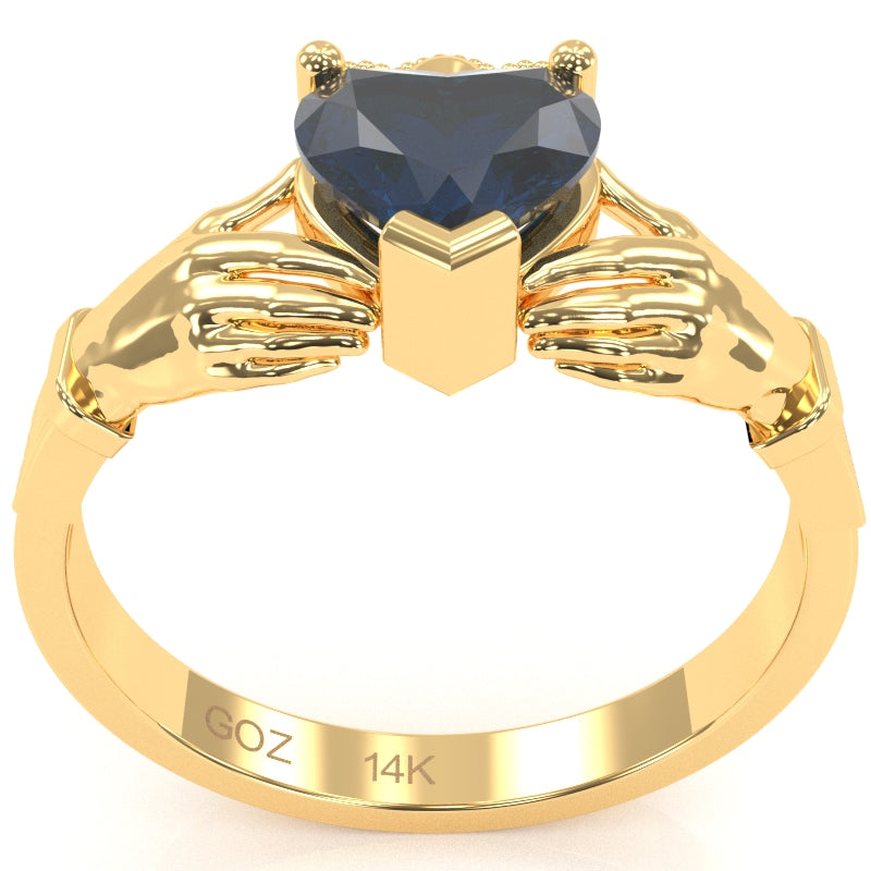 Claddagh Lab-Created Sapphire Ring In Solid 14k Yellow Gold