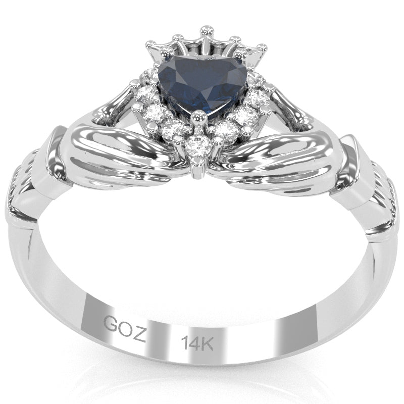 Claddagh Lab-Created Sapphire Diamond Ring In Solid 14k White Gold