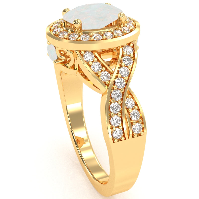 Three Stone Opal Diamond Peekaboo Halo Engagement Ring In 14k Yellow Gold