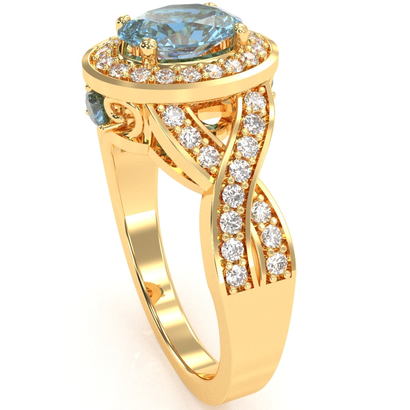 Three Stone Blue Topaz Diamond Peekaboo Halo Engagement Ring In 14k Yellow Gold