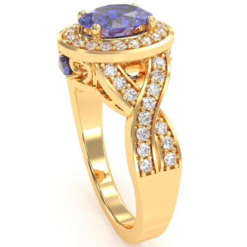 Three Stone Tanzanite Diamond Peekaboo Halo Engagement Ring In 14k Yellow Gold