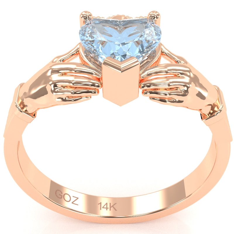 Claddagh Aquamarine Ring In Solid 14k Rose Gold