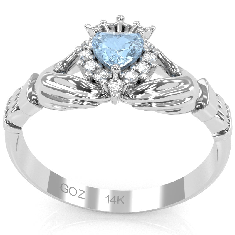 Claddagh Aquamarine Diamond Ring In Solid 14k White Gold