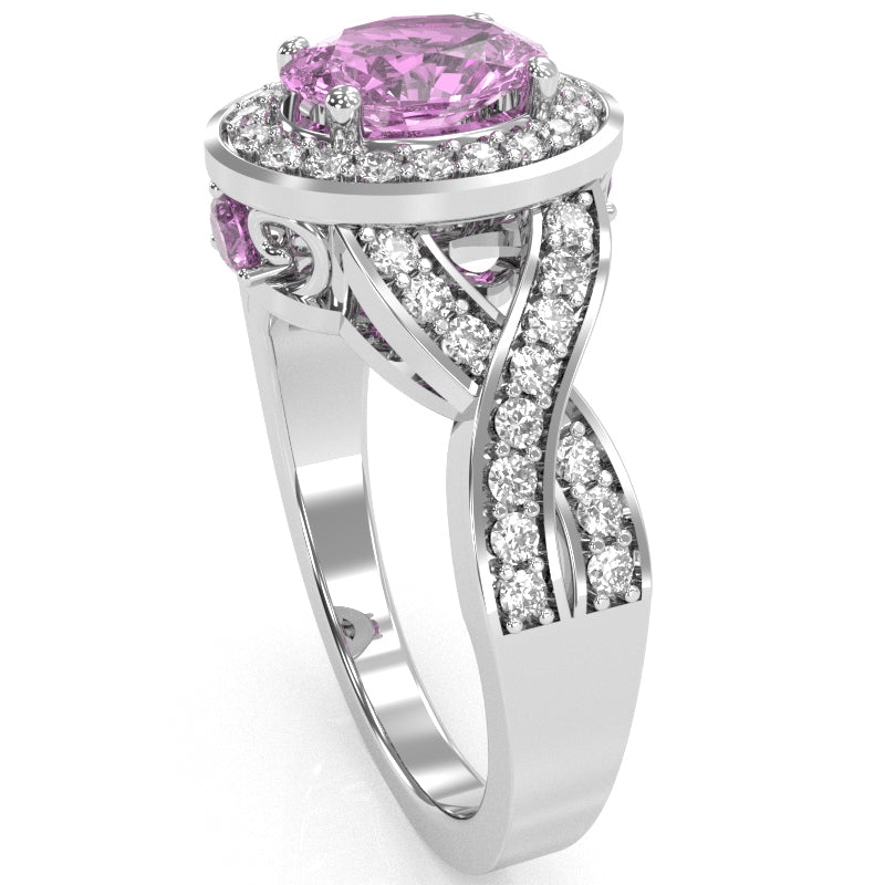 Three Stone Lab-Created Pink Sapphire Diamond Peekaboo Halo Engagement Ring In 14k White Gold