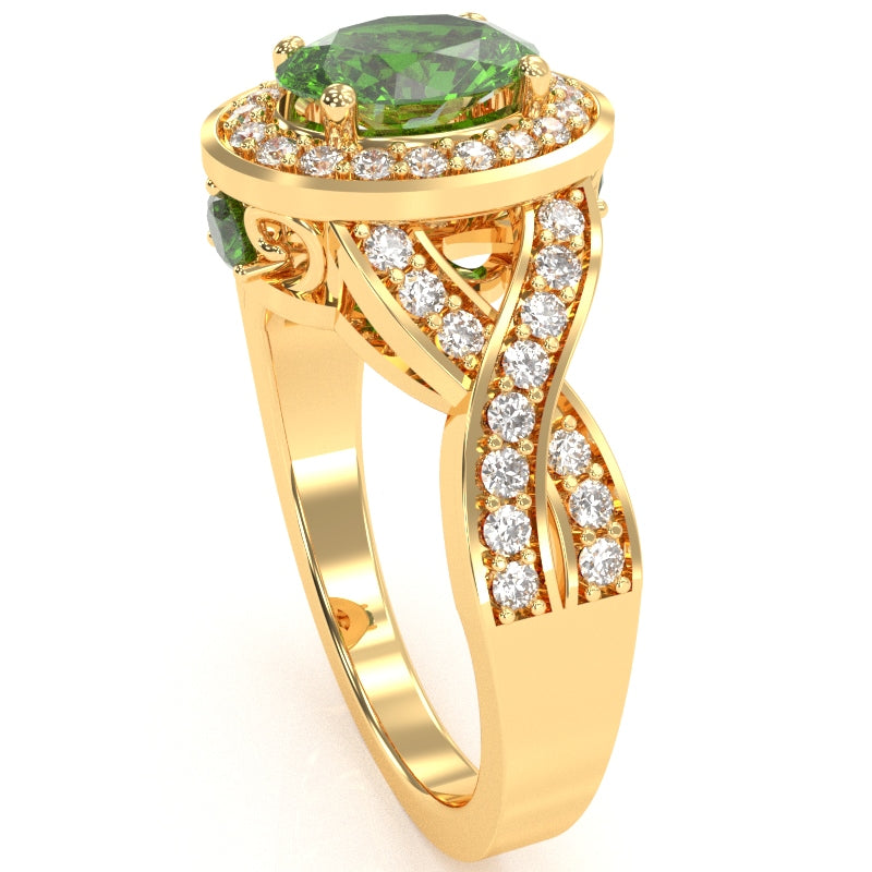 Three Stone Peridot Diamond Peekaboo Halo Engagement Ring In 14k Yellow Gold