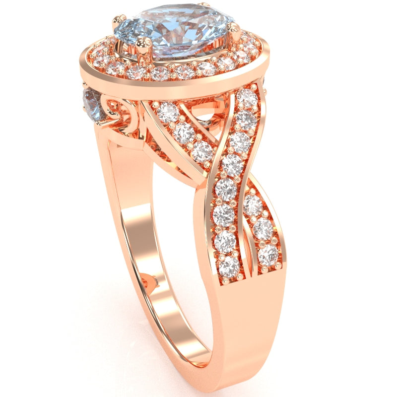 Three Stone Aquamarine Diamond Peekaboo Halo Engagement Ring In 14k Rose Gold