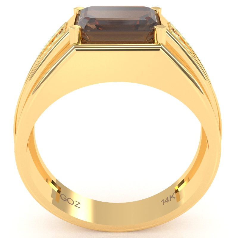 Men's Smoky Quartz Diamond Channel Ring In Solid 14k Yellow Gold