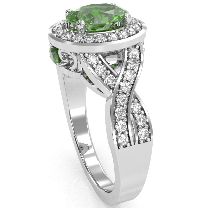 Three Stone Peridot Diamond Peekaboo Halo Engagement Ring In 14k White Gold