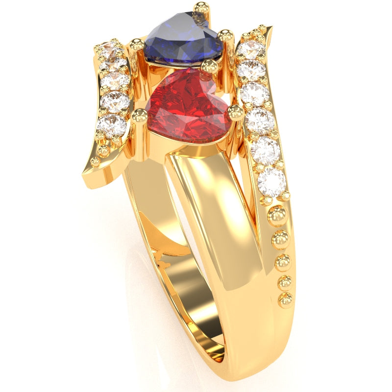 Double Heart Gemstone Diamond Promise Ring In 14k Yellow Gold