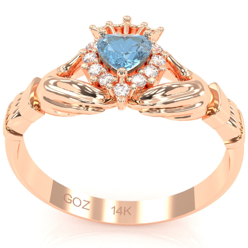 Claddagh Blue Topaz Diamond Ring In Solid 14k Rose Gold