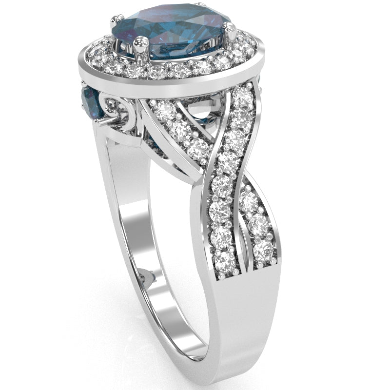 Three Stone Lab-Created Alexandrite Diamond Peekaboo Halo Engagement Ring In 14k White Gold