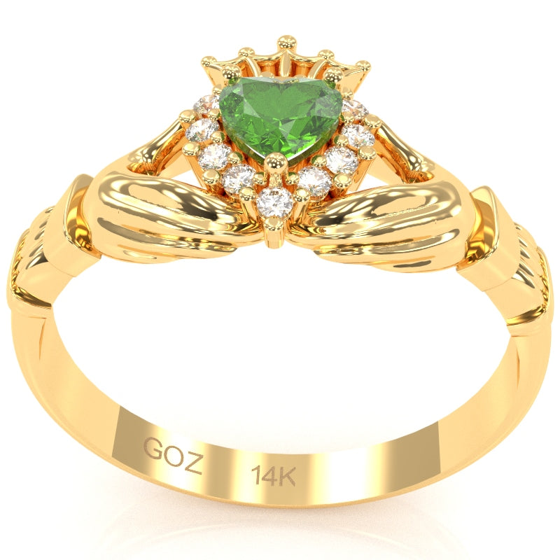 Claddagh Peridot Diamond Ring In Solid 14k Yellow Gold