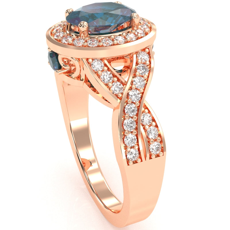 Three Stone Lab-Created Alexandrite Diamond Peekaboo Halo Engagement Ring In 14k Rose Gold