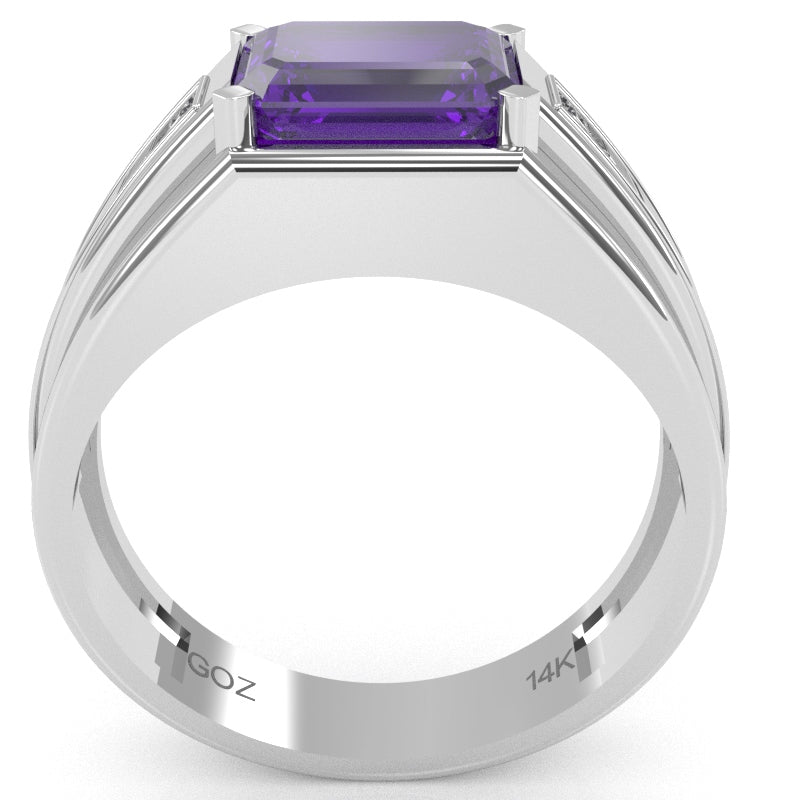 Men's Amethyst Diamond Channel Ring In Solid 14k White Gold