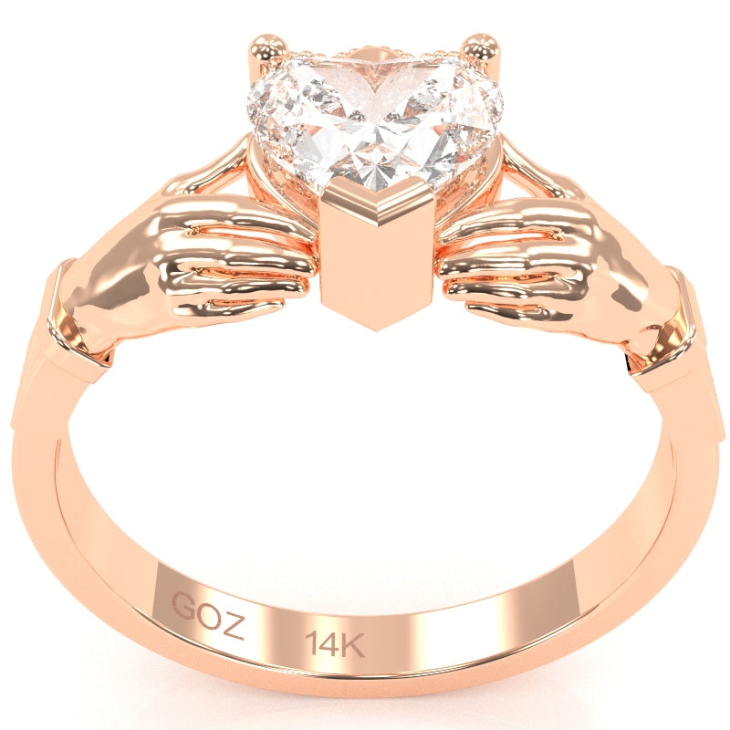Claddagh White Topaz Ring In Solid 14k Rose Gold