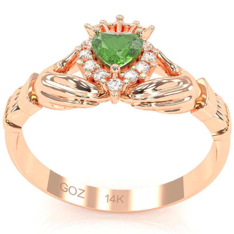 Claddagh Peridot Diamond Ring In Solid 14k Rose Gold