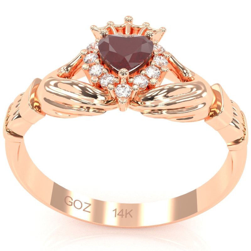 Claddagh Ruby Diamond Ring In Solid 14k Rose Gold