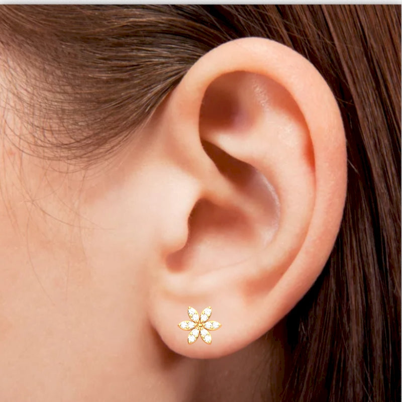 Diamond Encrusted Flower Stud Earrings in 10k Yellow Gold