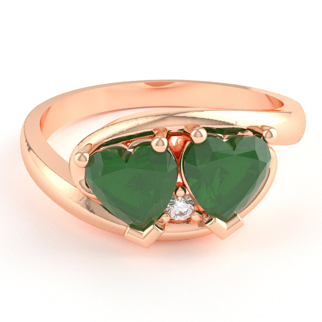 2 Hearts In Love Emerald Diamond Promise Ring In 10k Rose Gold