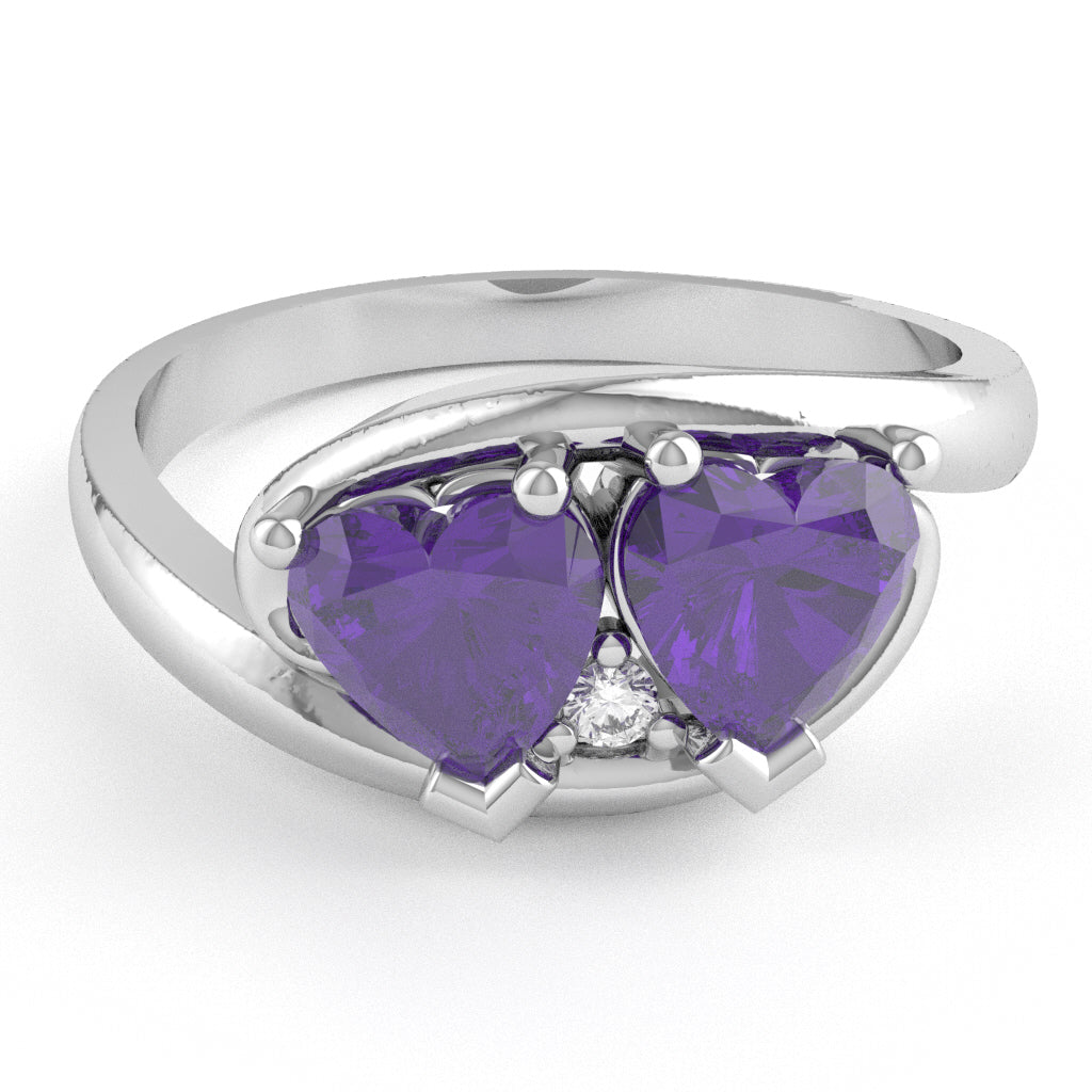 2 Hearts In Love Amethyst Diamond Promise Ring In 10k White Gold