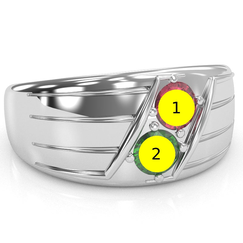 Men's Two Gemstone Birthstone Designer Ring In 14k White Gold